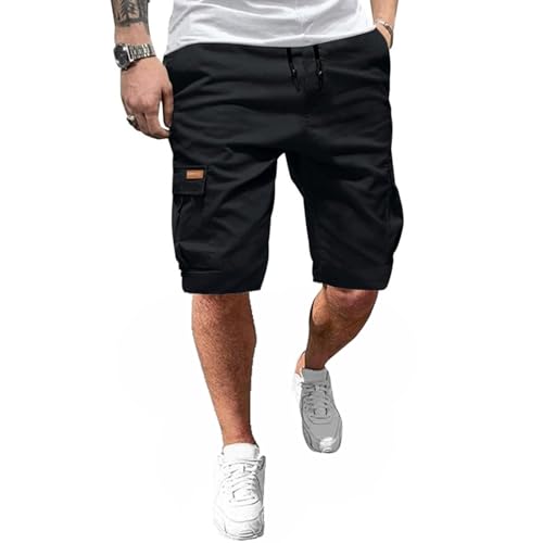 Ougelebo Kurze Hosen Herren Cargo Shorts Herren Sommer Cargohose Kurz Baumwolle Freizeithose Männer Men's Shorts Elastische Taille mit Tunnelzug Schwarz M von Ougelebo