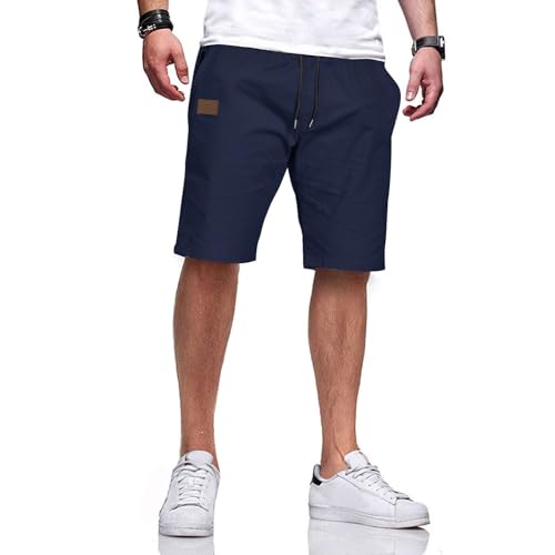 Ougelebo Kurze Hosen Herren Shorts Herren Sommer Shorts Männer Chino Baumwolle Hose Kurz Elastische Taille mit Tunnelzug Blau L von Ougelebo