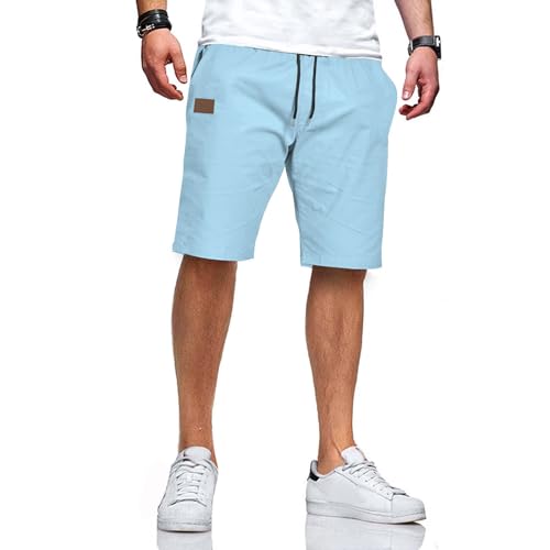 Ougelebo Kurze Hosen Herren Shorts Herren Sommer Shorts Männer Chino Baumwolle Hose Kurz Elastische Taille mit Tunnelzug Hellblau L von Ougelebo