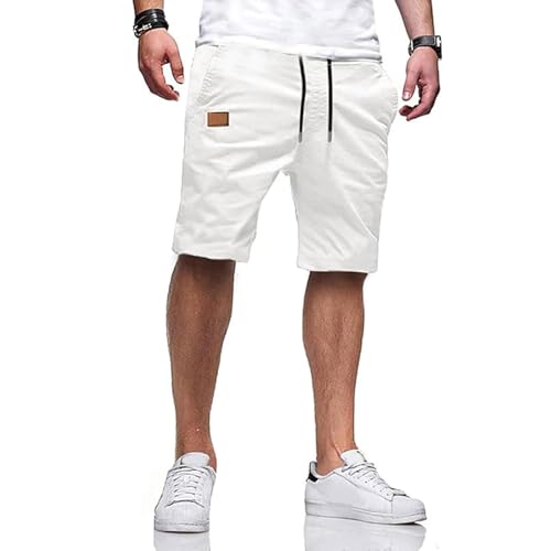 Ougelebo Kurze Hosen Herren Shorts Herren Sommer Shorts Männer Chino Baumwolle Hose Kurz Elastische Taille mit Tunnelzug Weiß M von Ougelebo