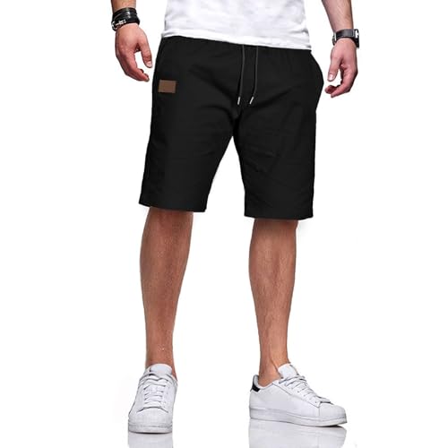 Ougelebo Shorts Herren Kurze Hose Herren Sommer Shorts Männer Chino Baumwolle Hosen Kurz Elastische Taille mit Tunnelzug Schwarz 3XL von Ougelebo