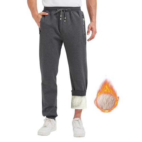 Ougelebo Thermo Jogginghose Herren Baumwolle Warme Fleece Gefüttert Winter Sporthose Lang Dicke Trainingshose Männer Freizeithose Herren Sweatpants mit Reißverschluss Grau M von Ougelebo