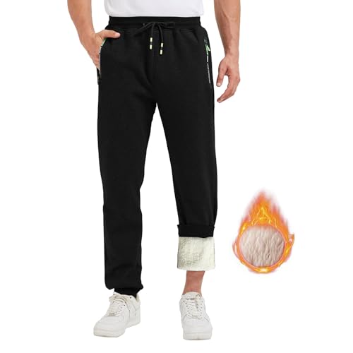 Ougelebo Thermo Jogginghose Herren Baumwolle Warme Fleece Gefüttert Winter Sporthose Lang Dicke Trainingshose Männer Freizeithose Herren Sweatpants mit Reißverschluss Schwarz 3XL von Ougelebo