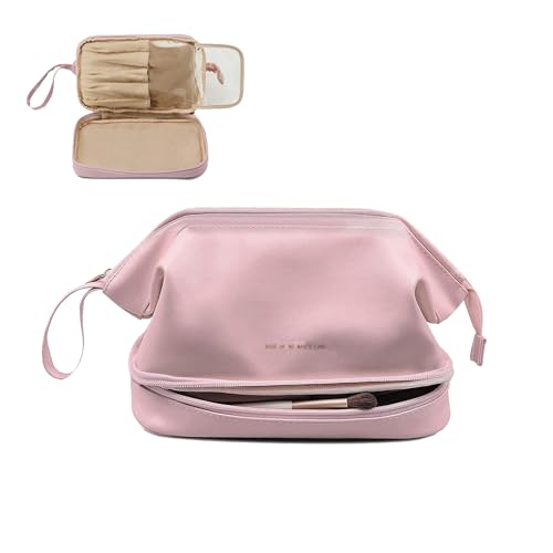 Ouhui Make-up-Tasche für Damen, Reise-Kosmetiktasche, doppellagiger Kulturbeutel, tragbare Leder-Organizer-Tasche für Mädchen, Make-up-Pinseltasche mit Fächern, Reiseutensilien, Pink, Rosa von Ouhui