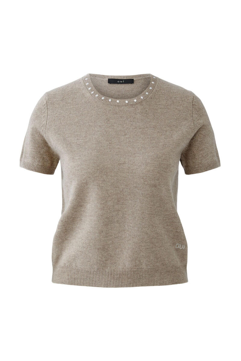 Oui - Feinstrickpullover mit dekorativen Ziersteinen braun - Gr. - 38 von Oui