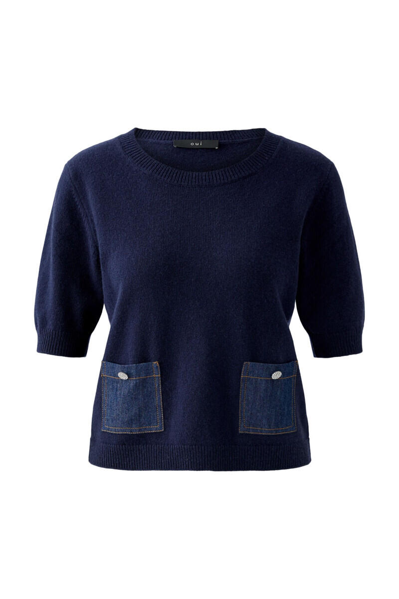 Oui - Halbarm Pullover mit aufgesetzten Denimtaschen blau - Gr. - 40 von Oui