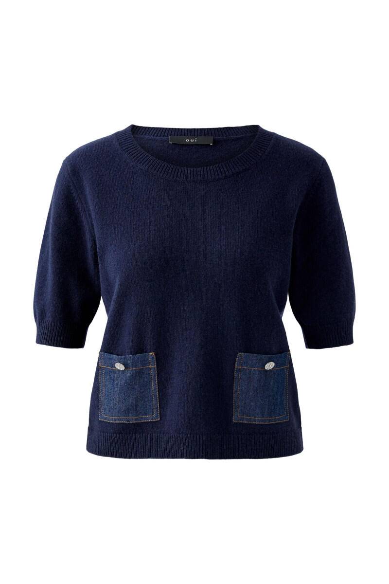 Oui - Halbarm Pullover mit aufgesetzten Denimtaschen blau - Gr. - 40 von Oui
