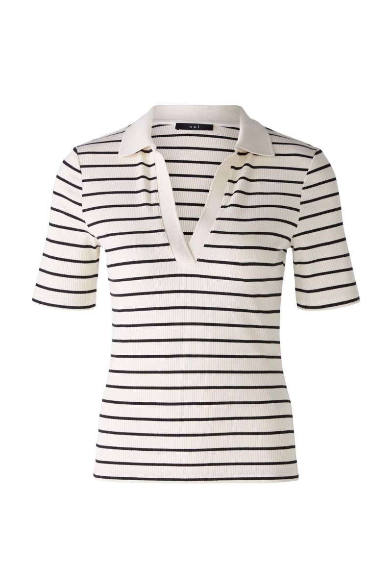 Oui - Poloshirt elastische Viskoserippe in gestricktem Streifen offwhite black - Gr. - 40 von Oui