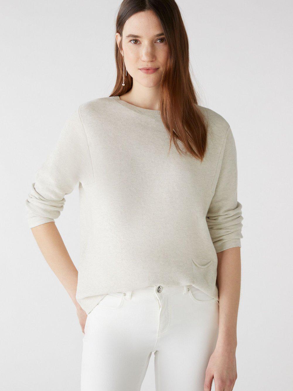 Oui Pullover Damen Baumwolle Rundhals, weiß von Oui