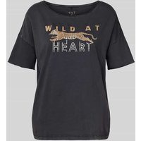 Oui Relaxed Fit T-Shirt aus reiner Baumwolle mit Motiv-Print in Anthrazit, Größe 38 von Oui