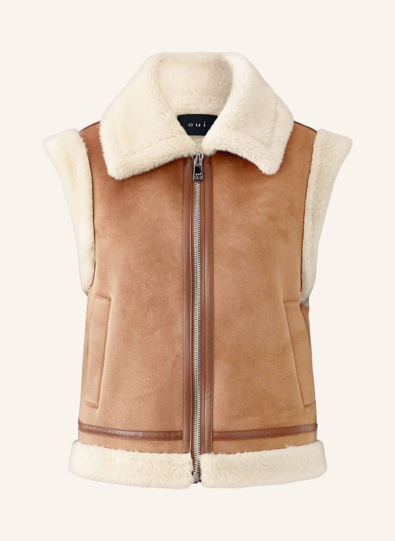 Oui Weste In Lederoptik Mit Kunstfell braun von Oui