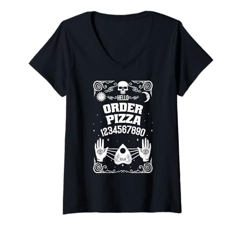 Damen Hello Order Pizza Ouija Board Gothic Ouija Heidnisch Lustig T-Shirt mit V-Ausschnitt Damen Hello Order Pizza Ouija Board Gothic Ouija Heidnisch Lustig T-Shirt mit V-Ausschnitt von Ouija Board Halloween Occult Witchcraft Wiccan