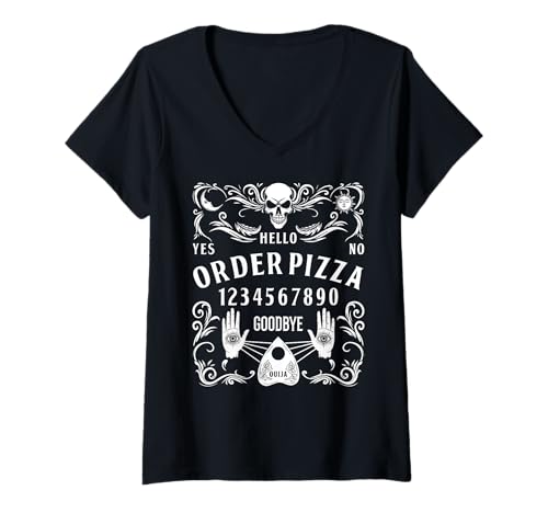 Damen Hello Order Pizza Ouija Board Gothic Ouija Lustig Halloween T-Shirt mit V-Ausschnitt Damen Hello Order Pizza Ouija Board Gothic Ouija Lustig Halloween T-Shirt mit V-Ausschnitt von Ouija Board Halloween Occult Witchcraft Wiccan