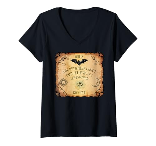 Damen Ouija Ja Nein Auf Wiedersehen Gothic Ouija Heidnisch Gruselig T-Shirt mit V-Ausschnitt Damen Ouija Ja Nein Auf Wiedersehen Gothic Ouija Heidnisch Gruselig T-Shirt mit V-Ausschnitt von Ouija Board Halloween Occult Witchcraft Wiccan