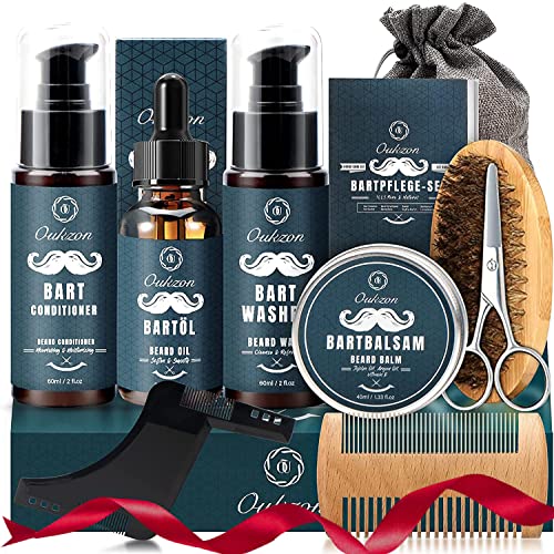 Bartpflege Set für Männer, Oukzon 10 in 1 Hochwertig Bart Weihnachtsgeschenke- 60ML Bartshampoo, 60ML Bart Conditioner, Bartöl, Bartbalsam, Bartkamm, Bartbürste, Bartschere, Bartschablonen,Reisetasche von Oukzon