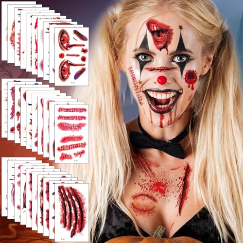 Halloween Narben Tattoo, 280+PCS /60 Blatt Halloween Temporäre Tattoos - Realistische Zombie Scars Aufkleber mit Gefälschte Wunde Kunstblut, Wasserdicht Spezial Fx Kostüm Cosplay Make-up von Oukzon