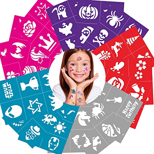 Temporäre Tattoo-Schablonen, 100PCS Groß Glitzer Tattoo Schablonen für Gesicht Körper- Wiederverwendbare Kinderschminke Schminkschablonen für Kinder Mädchen, Weihnachten, Halloween, Schule, Geburtstag von Oukzon