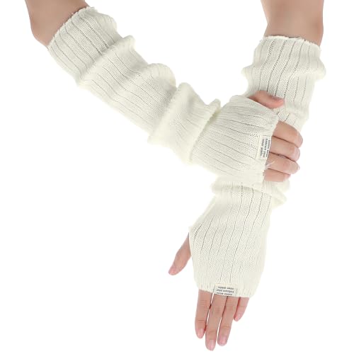 Ouligay Arm Warmers Winter Gestrickte Armstulpen Damen Handstulpen Weiche Arm Stulpen Damen Weiß Warm Armwärmer, Lang Fingerlose Handschuhe mit Daumenloch für Mädchen Kinder Winter von Ouligay
