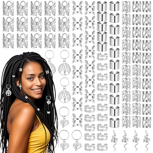 Ouligay 100 Stück Dreadlocks Schmuck Wikinger Haarschmuck Silber Metall Haarringe für Zöpfe Haarschmuck Pirat Braids Schmuck Verstellbar Cuffs Haarperlen Haarspiralen Braids Zubehör für Männer Frauen von Ouligay