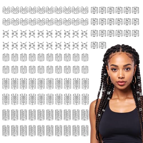 Ouligay 120 Stück Silber Dreadlocks Schmuck Wikinger Haarschmuck Silber Metall Haarringe für Zöpfe Haarschmuck Pirat Verstellbar Cuffs Haarperlen Braids Schmuck Zubehör Haarspiralen für Männer Frauen von Ouligay