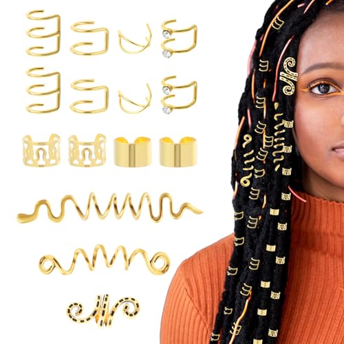 Ouligay 15 Stück Gold Haarschmuck Gold Dreadlocks Schmuck Braids, Goldene Haarschmuck Pirat für Zöpfe Metall Haar Schmuck Haarspiralen Clips Verstellbar Cuffs Haar Dreadlock Zubehör von Ouligay
