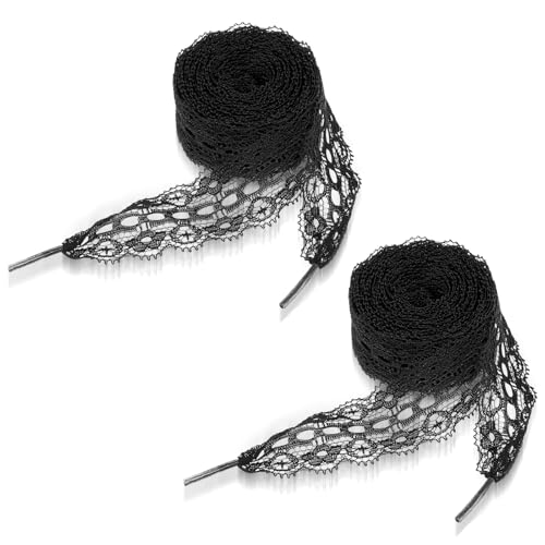 Ouligay 2 Paar 3CM Breite Schwarz Schnürsenkel Spitze Breit Flache hohle Blumen Schnürsenkel Spitzen Ballett-Stil Süße Schuhbänder 120cm Lang für Frauen Damen Sportschuhe Laufschuhe Turnschuhe von Ouligay