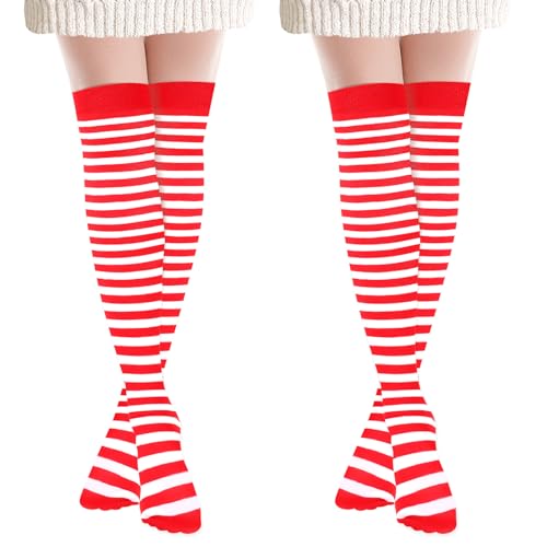 Ouligay 2 Paar Gestreifte Overknee Strümpfe Gestreift Kniestrümpfe Damen Streifen Ringel Strümpfe Baumwolle Rot Weiss Oberschenkel Socken Christmas Thigh High Socks von Ouligay