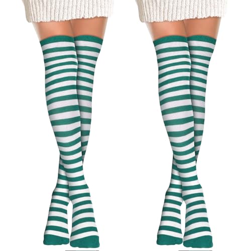 Ouligay 2 Paar Grün und Weiß Gestreifte Overknee Strümpfe Gestreift Kniestrümpfe Damen Streifen Ringel Strümpfe Baumwolle Oberschenkel Socken Christmas Thigh High Socks von Ouligay