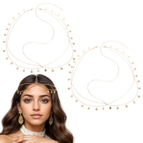 Ouligay 2 Stück Göttin Kopfkette Gold Haarkette Damen Wahrsagerin Kopfschmuck Pailletten Boho Quaste Goldener Kopf Ketten Schmuck Hochzeit Braut Festival Kostüm Haarschmuck für Frauen Mädchen von Ouligay