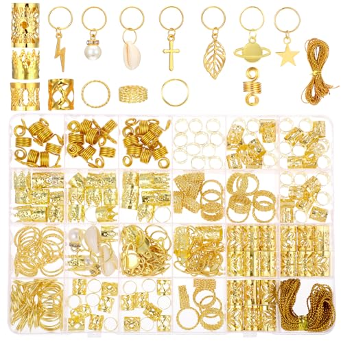 Ouligay 259 Stück Goldener Haarschmuck für Zöpfe, Dreadlocks Schmuck Wikinger Haarschmuck Gold Loc Schmuck für Haar Dreadlocks, Verstellbar Cuffs Haarperlen Haarspiralen Braids Zubehör Dekoration von Ouligay