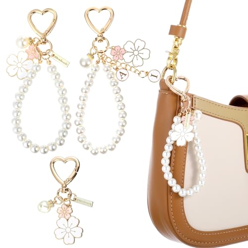 Ouligay 3 Stück Blume Schlüsselanhänger Damen Kirschblüten Perlen Schlüsselanhänger Frauen Rosa Bag Charms Tasche Anhänger Autoschlüsselanhänger Taschenanhänger Mädchen Aesthetic Keychain von Ouligay