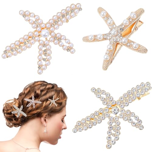 Ouligay 3 Stück Seestern Haarspangen Mädchen Strass Perlen Strand Seestern Haarspange Sommer Glitzernde Krokodilklemme Haarspangen Hochzeit Braut Haarschmuck Starfish Hair Clips für Frauen Damen von Ouligay