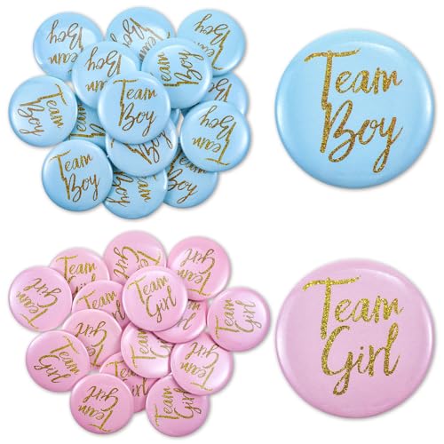 Ouligay 30 Stück Geschlecht Offenbar Button 4,5cm Gender Reveal Party Deko Team Boy und Team Girl Pin Abzeichen Rund Pinback Knopf Pins für Baby Shower Party Dekoration Zubehör (Blau und Rosa) von Ouligay