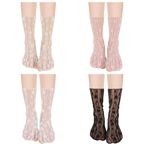 Ouligay 4 Paare Rüschen Socken Damen Spitzen Socken,Baumwoll Spitzensocken Hohl Muster Söckchen Prinzessinnen Süße Rüschen Kleidsocken für Frauen Mädchen(4 Farben) von Ouligay