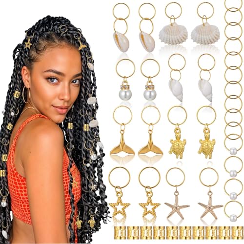 Ouligay 40 Stück Haarschmuck Gold Dreadlocks Schmuck Haarringe Festival Haarschmuck für Zöpfe Muschel Gold Haar Braids Schmuck Ringe Hair Accessories für Männer Frauen Haare Braids Zubehör von Ouligay