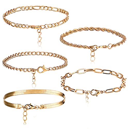 Ouligay 5 Stück Kette Armbänder Set für Frauen Gold Armband Verstellbar Edelstahl Gold Armkette Gold Gliederkette Geschichtete Link Armband Schmuck Geschenk für Mädchen Freundin von Ouligay