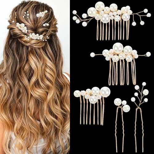 Ouligay 5 Stück Braut Haarschmuck Hochzeit Gold Brautschmuck Haare, Haarschmuck Perlen Haarkamm Braut Kopfschmuck U Form Hochzeit Haarnadeln für Wedding Damen und Frauen von Ouligay