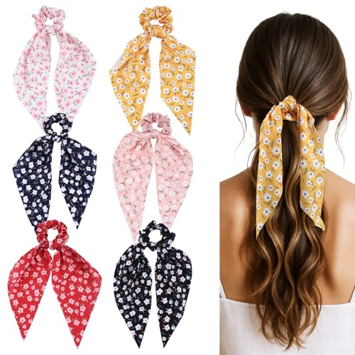 Ouligay 6 Stück Chiffon Scrunchies Haargummi mit Schleife, Satin Seide Schleifen Haare Haar Accessoire Floral Haargummis Schleife Elastische Bowknot Pferdeschwanz Haarschmuck für Frauen Mädchen von Ouligay