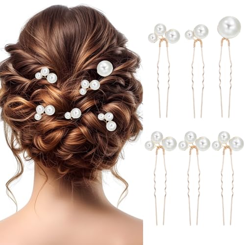 Ouligay 6 Stück Perlen Haarnadeln, U-Förmige Perlenhaarnadel, Braut Haarschmuck Hochzeit Perlen Gold Haarnadel Perlen für Hochzeit Prom Party Brautjungfer Damen - 3 Arten von Ouligay