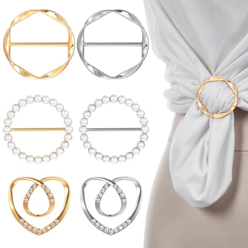 Ouligay 6 Stück Metall T Shirt Clip Damen Gürtelschnalle Strasssteine Schnalle Perlen Schal Ring Clip Rund Perlenschal Ringschnalle Schalring Tuchring für Lose T Shirt Kleidung Schal Schnalle von Ouligay