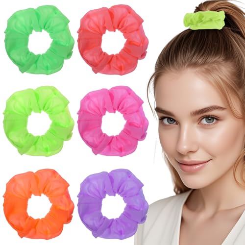 Ouligay 6 Stück Neon Haargummi Scrunchie, Dickes Satin Haar Scrunchies Weiches Elastische Haargummis Scrunchies Seide Haargummi für Frauen Mädchen Festivals Weihnachten Halloween 80er Party Outfit von Ouligay