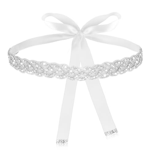 Ouligay Braut Strass Hochzeit Gürtel Glitzer Brautgürtel Weiß Glitzer Schärpe Handgefertigt Gewebt Kristall Silber Taillengürtel für Braut Brautjungfer Hochzeit Party Ballkleid Abendkleider 43 cm von Ouligay