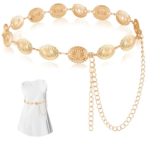 Ouligay Concho Kettengürtel Gold Taillenkette Gold Western Concho Metall Boho Gürtel Kette Verstellbarer Metall Western Cowgirl Gürtel für Kleid Bauchkette Golden Pirat Kettengürtel für Damen von Ouligay