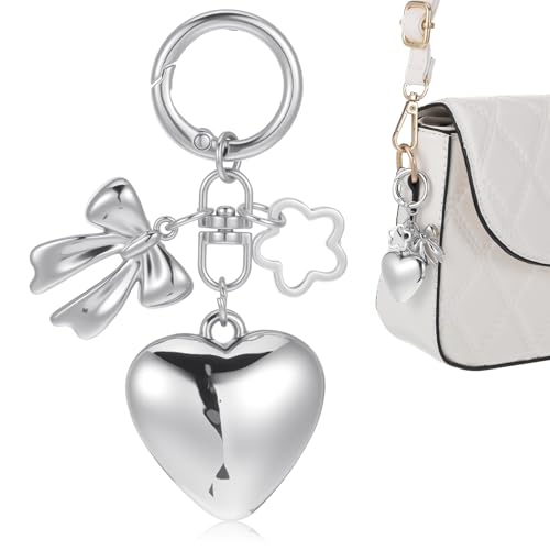Ouligay Silber Schlüsselanhänger mit Herz Blume Schleife, Y2k Keychain Taschenanhänger Damen Taschen Anhänger Schlüsselring Beste Freundin Geschenk, Tasche Charms für Mädchen Frauen von Ouligay