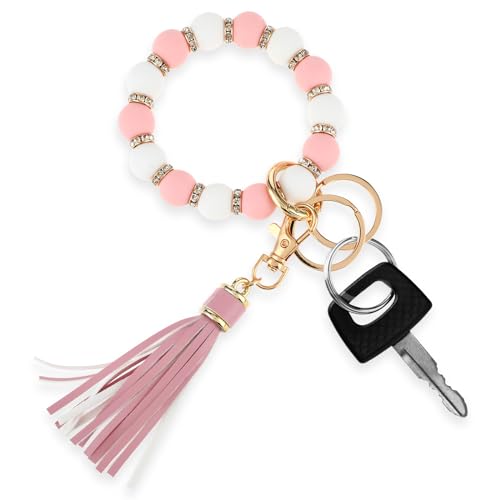 Ouligay Schlüsselanhänger Frauen Armband Schlüsselbund Silicone Key Ring Autoschlüsselanhänger mit Silikon Perlen,Quaste Geschenke Handgelen schlüsselkette für Frauen(Rosa) von Ouligay