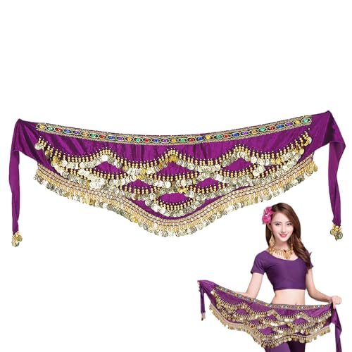 Oumefar Tanzender Hüftschal-Wickelrock mit Münzquaste, 2 Farben, Bauchtanz-Hüfttuch-Wickelrock, Bauchtanz-Taillengürtel mit Künstlicher Münzquaste (lila) von Oumefar