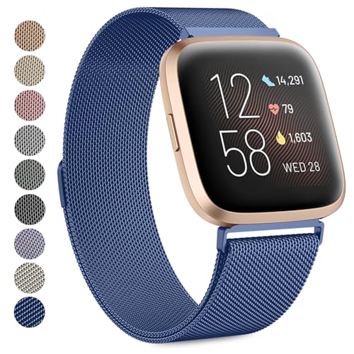 Oumida Armband für Fitbit Versa 2 Armband/Fitbit Versa Armband/Fitbit Versa Lite Armband für Damen Herren, Prämie Edelstahl Metall Ersatzarmband Armbänder mit Starker Magnet, Klein Navy Blau von Oumida