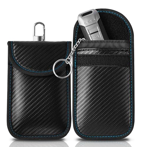 Oumida Keyless Go Schutz Autoschlüssel, Kohlefaser Leder Faraday Tasche, RFID Funkschlüssel Abschirmung Schlüsseltasche mit Haken und Schlüsselring (Blaue Linie) von Oumida