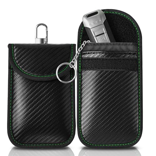 Oumida Keyless Go Schutz Autoschlüssel, Kohlefaser Leder Faraday Tasche, RFID Funkschlüssel Abschirmung Schlüsseltasche mit Haken und Schlüsselring (Grüne Linie) von Oumida