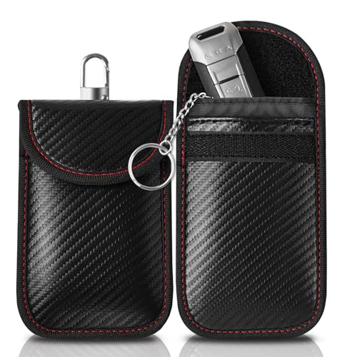 Oumida Keyless Go Schutz Autoschlüssel, Kohlefaser Leder Faraday Tasche, RFID Funkschlüssel Abschirmung Schlüsseltasche mit Haken und Schlüsselring (Rote Linie) von Oumida